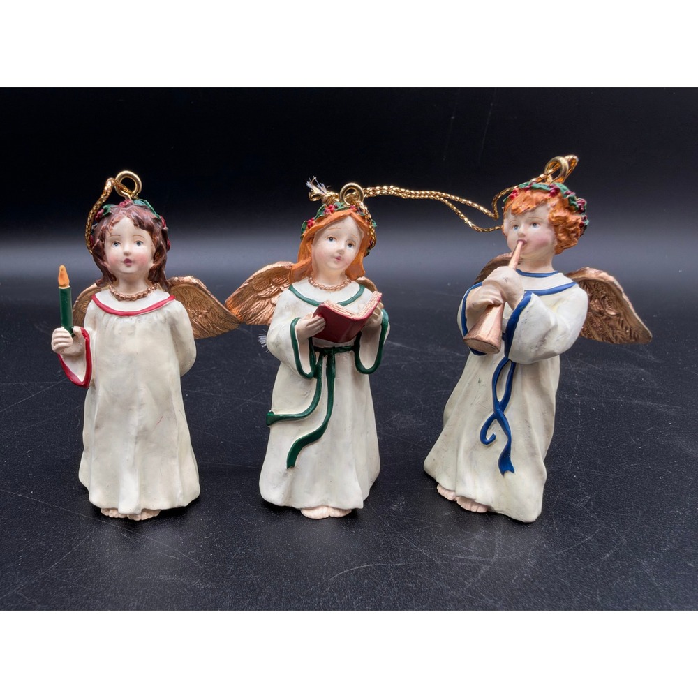 Princess House Angel Trio Christmas Ornaments Set 1999 Resin Gold Wings 3"
